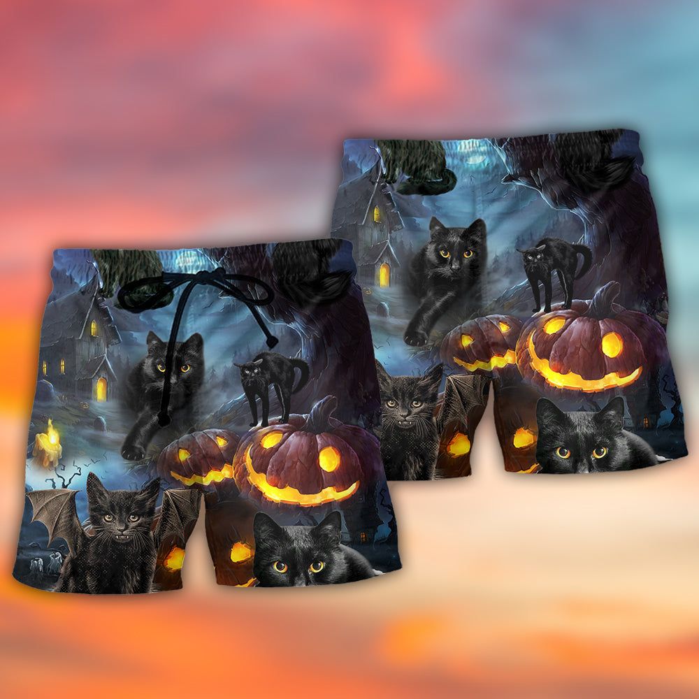 Halloween Black Cat Dark Night Style Trendy Aloha Hawaiian Beach Shorts