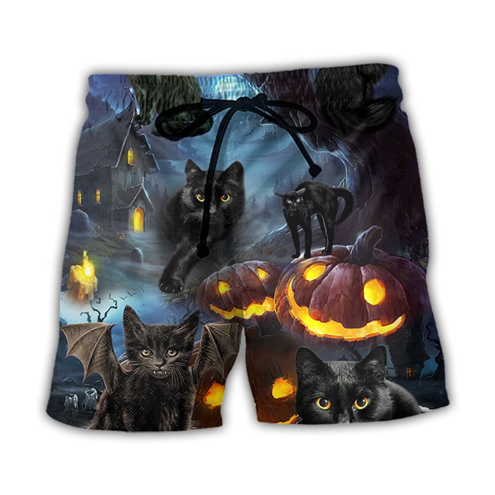 Halloween Black Cat Dark Night Style Trendy Aloha Hawaiian Beach Shorts