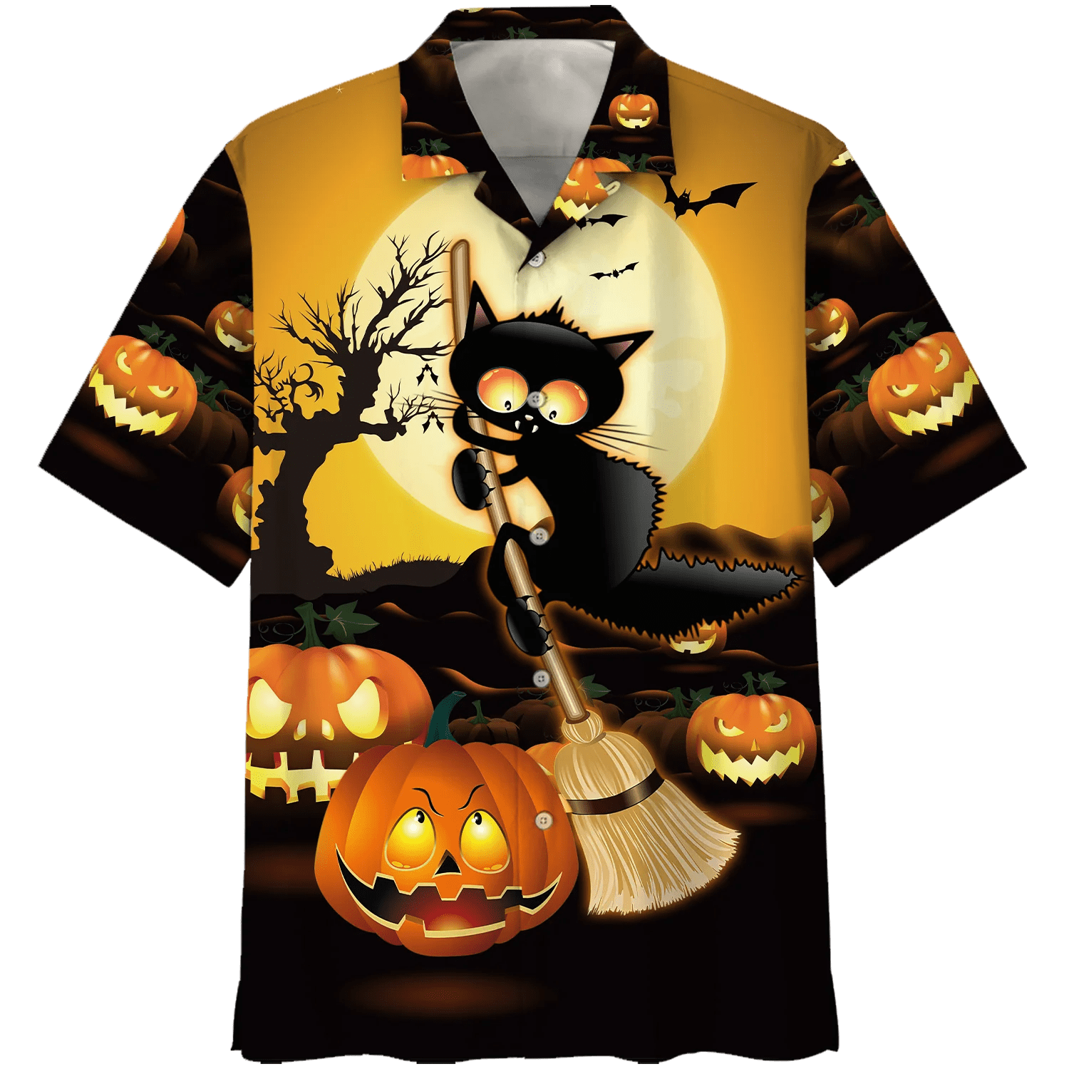 Halloween Black Cat on a Broom Hawaiian Shirt