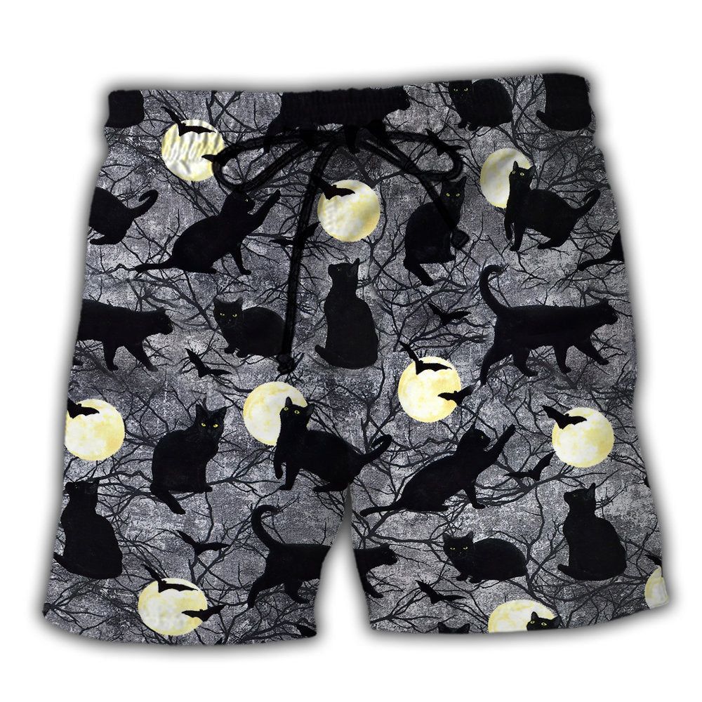 Halloween Black Cat Pattern Trendy Aloha Hawaiian Beach Shorts