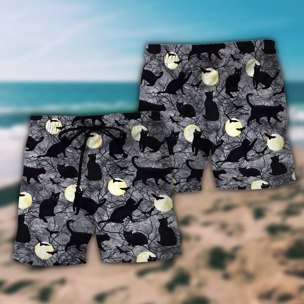 Halloween Black Cat Pattern Trendy Aloha Hawaiian Beach Shorts