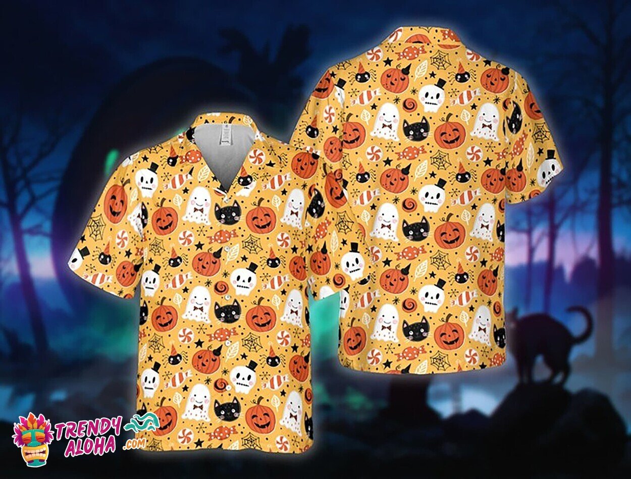 Halloween Black Cat Pumpkin Aloha Hawaiian Costume Gift Shirt