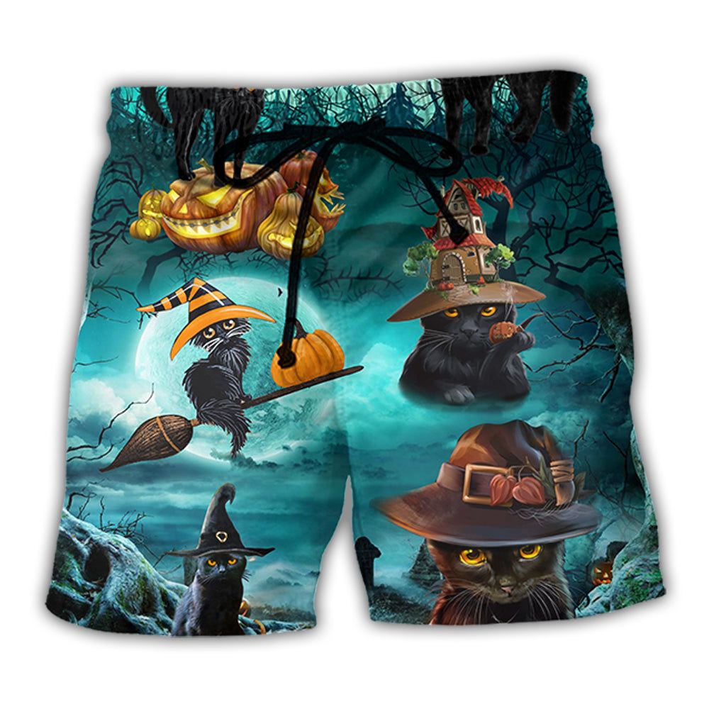 Halloween Black Cat Pumpkin Scary Style Trendy Aloha Hawaiian Beach Shorts