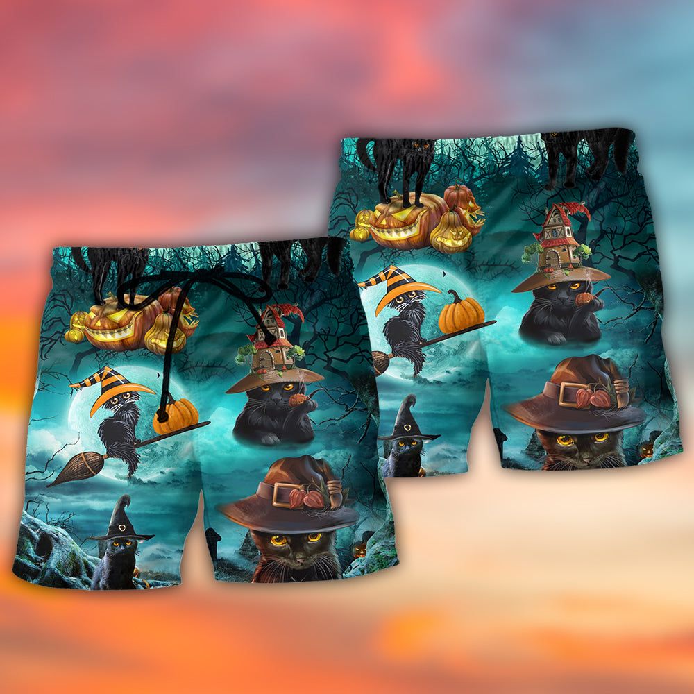 Halloween Black Cat Pumpkin Scary Style Trendy Aloha Hawaiian Beach Shorts