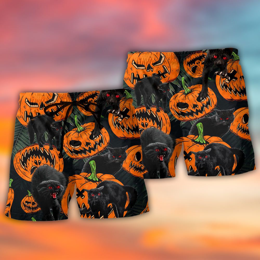 Halloween Black Cat Pumpkin Scary Tropical Trendy Aloha Hawaiian Beach Shorts
