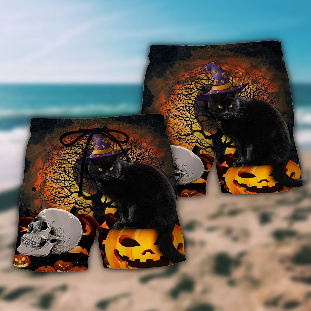 Halloween Black Cat Scary Pumpkin Trendy Aloha Hawaiian Beach Shorts