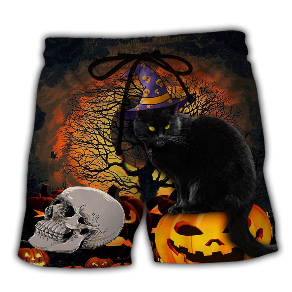 Halloween Black Cat Scary Pumpkin Trendy Aloha Hawaiian Beach Shorts