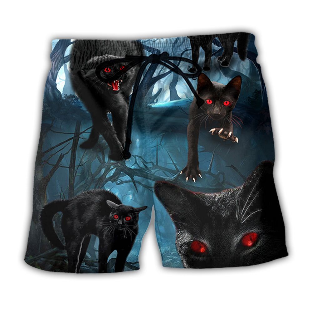 Halloween Black Cat Scary Style Trendy Aloha Hawaiian Beach Shorts