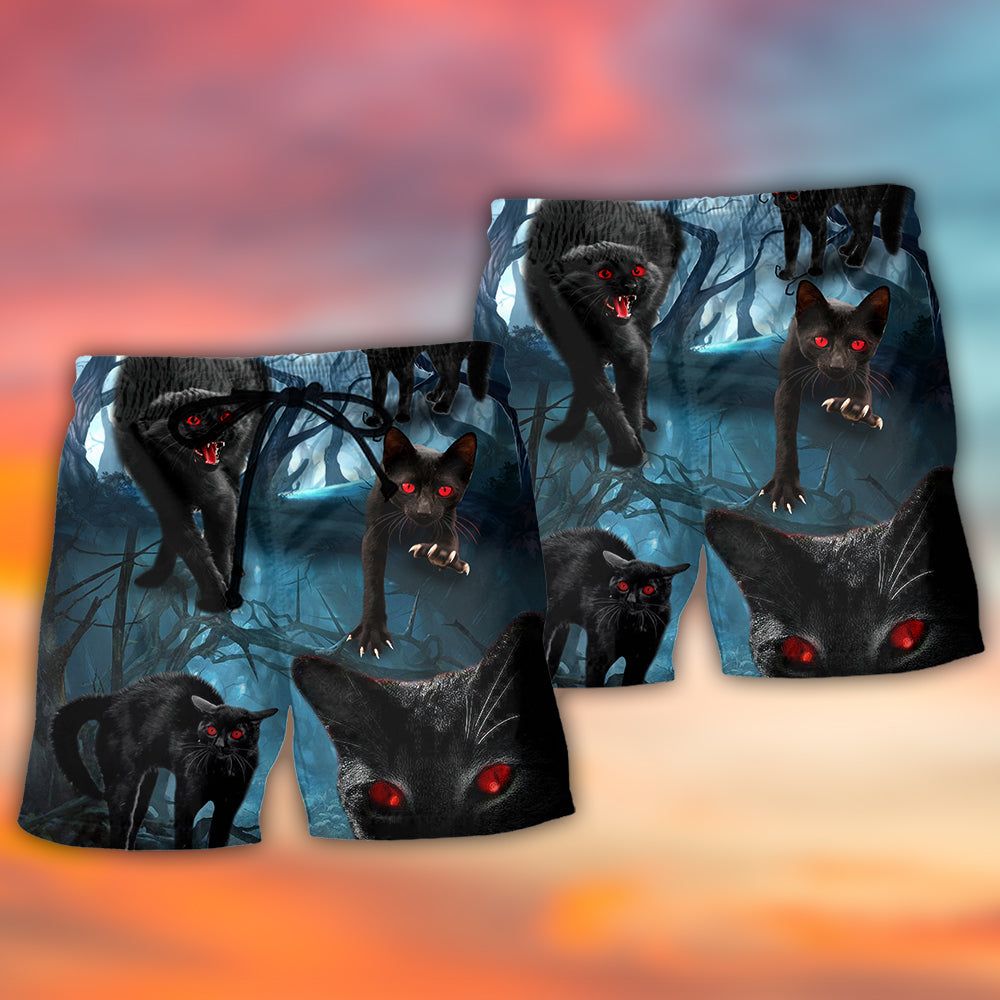 Halloween Black Cat Scary Style Trendy Aloha Hawaiian Beach Shorts