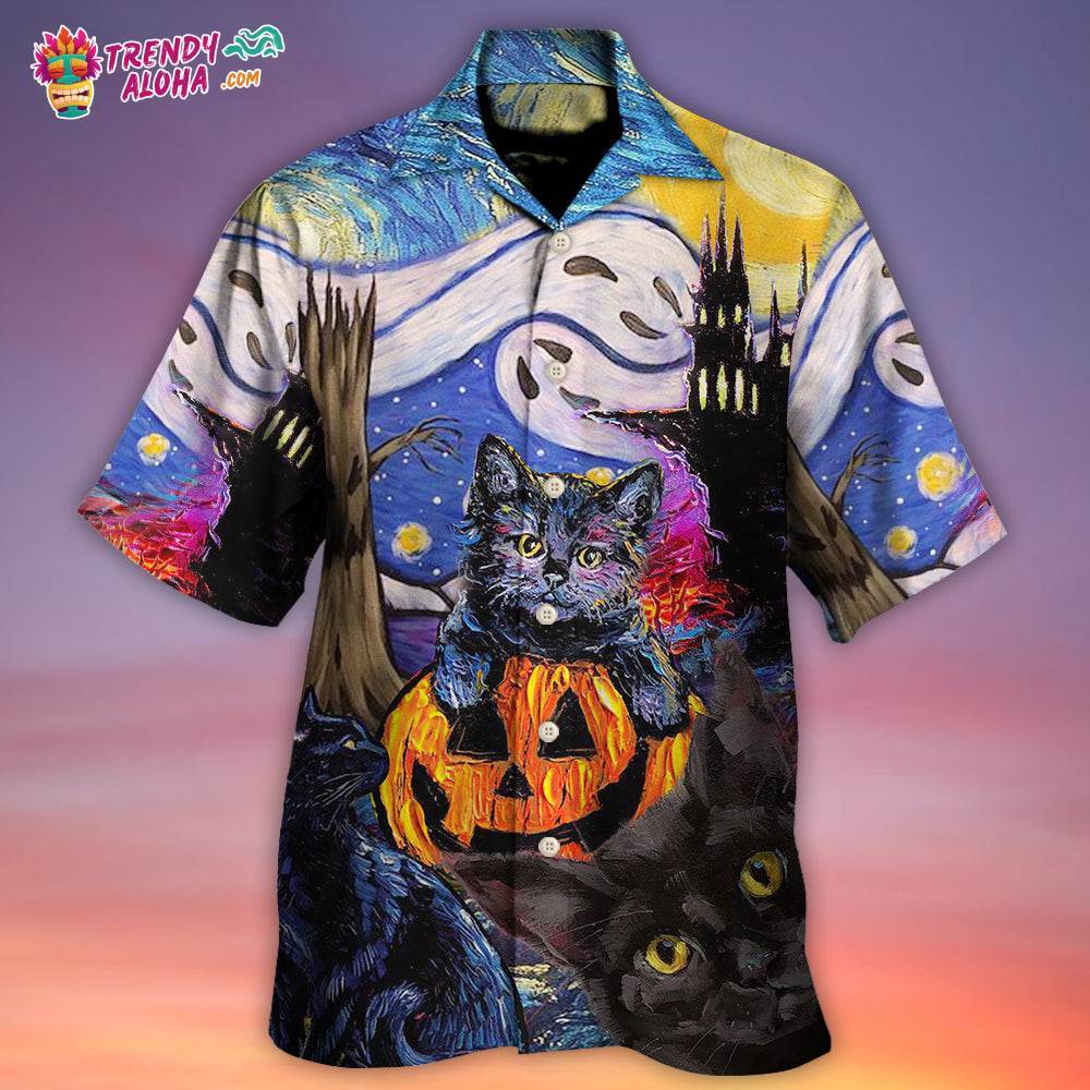 Halloween Black Cat Starry Night Funny Cat Painting Art Style Hawaiian Shirt – Trendy Aloha