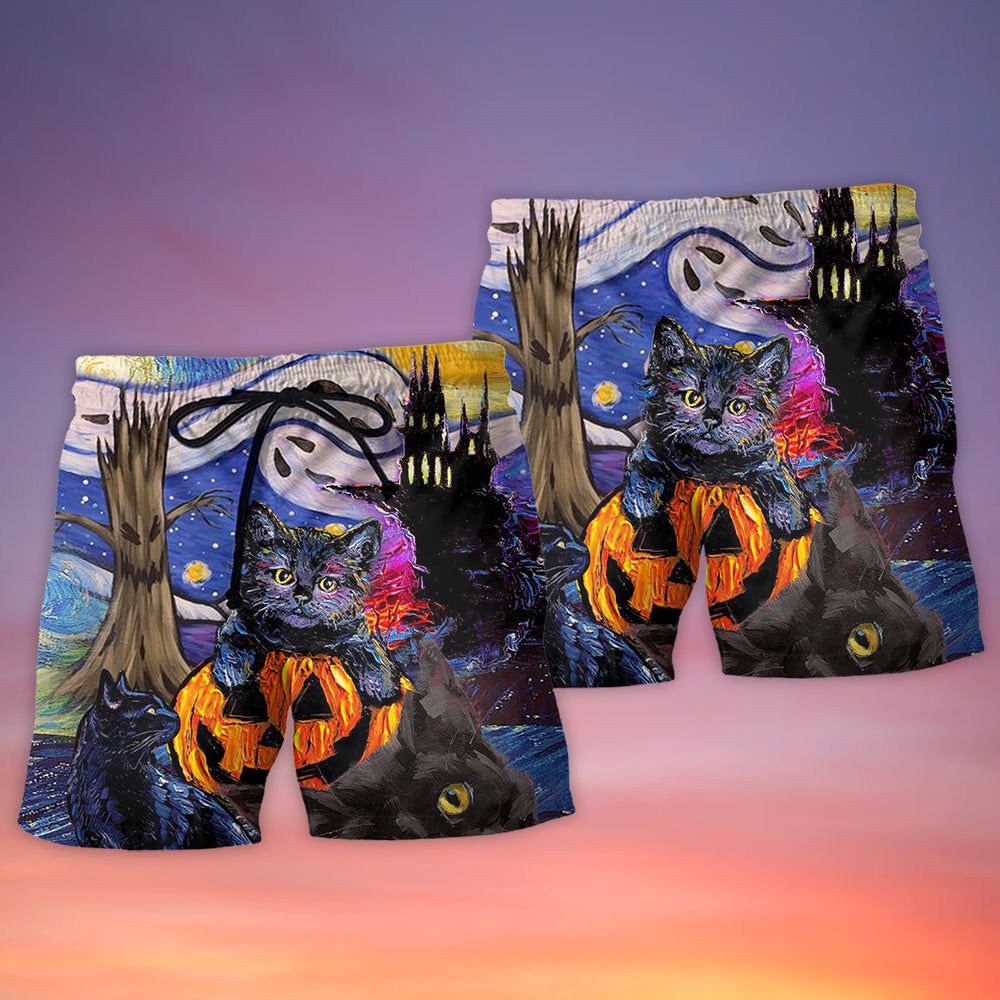 Halloween Black Cat Starry Night Funny Cat Painting Art Style Trendy Aloha Hawaiian Beach Shorts
