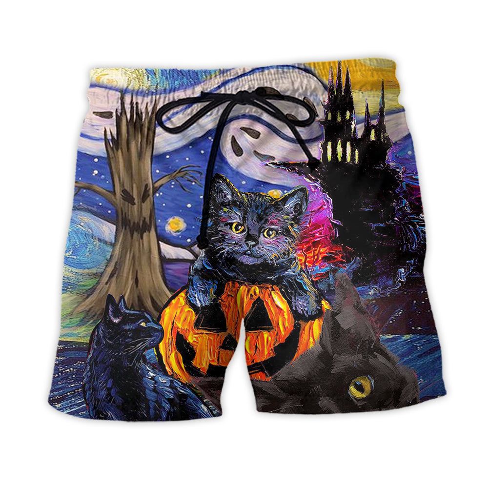 Halloween Black Cat Starry Night Funny Cat Painting Art Style Trendy Aloha Hawaiian Beach Shorts