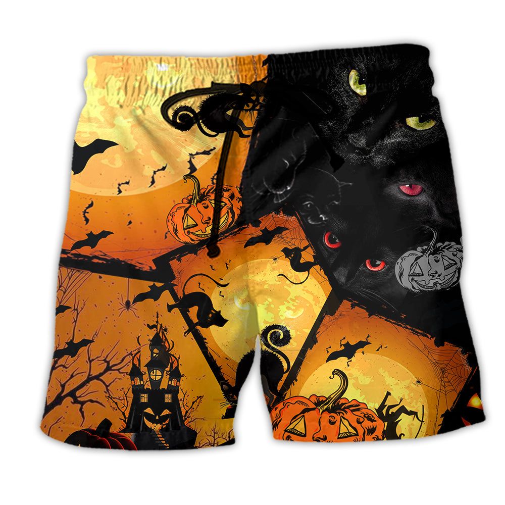 Halloween Black Cat With Yellow Trendy Aloha Hawaiian Beach Shorts