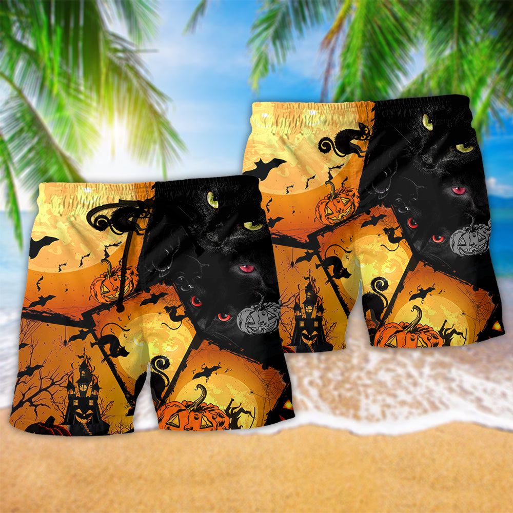 Halloween Black Cat With Yellow Trendy Aloha Hawaiian Beach Shorts