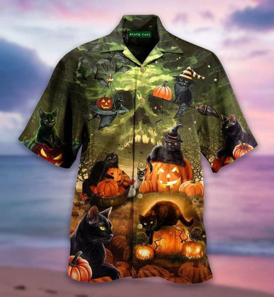 Halloween Black Cats Theme on Hawaiian Shirt for Everyone