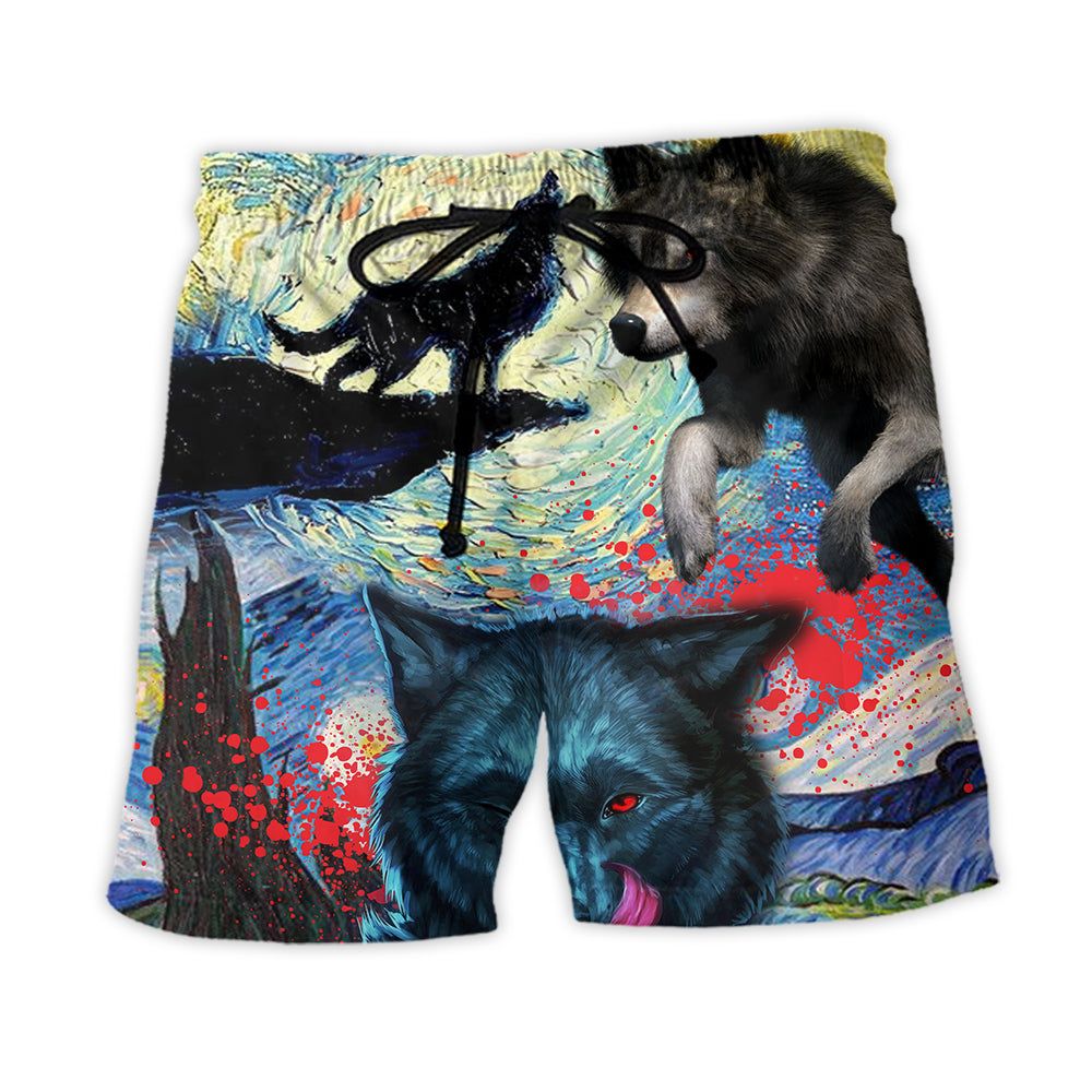 Halloween Black Wolf Crazy Starry Night Blood Art Style Trendy Aloha Hawaiian Beach Shorts