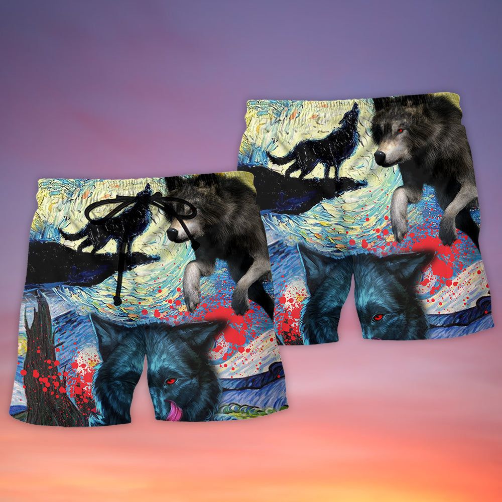 Halloween Black Wolf Crazy Starry Night Blood Art Style Trendy Aloha Hawaiian Beach Shorts
