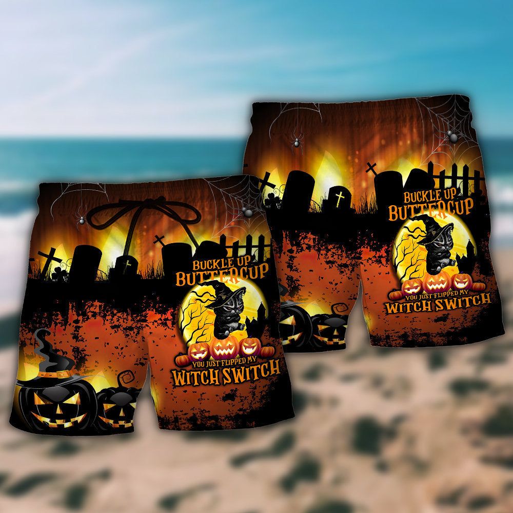 Halloween Cat Buckle Up Buttercup Trendy Aloha Hawaiian Beach Shorts