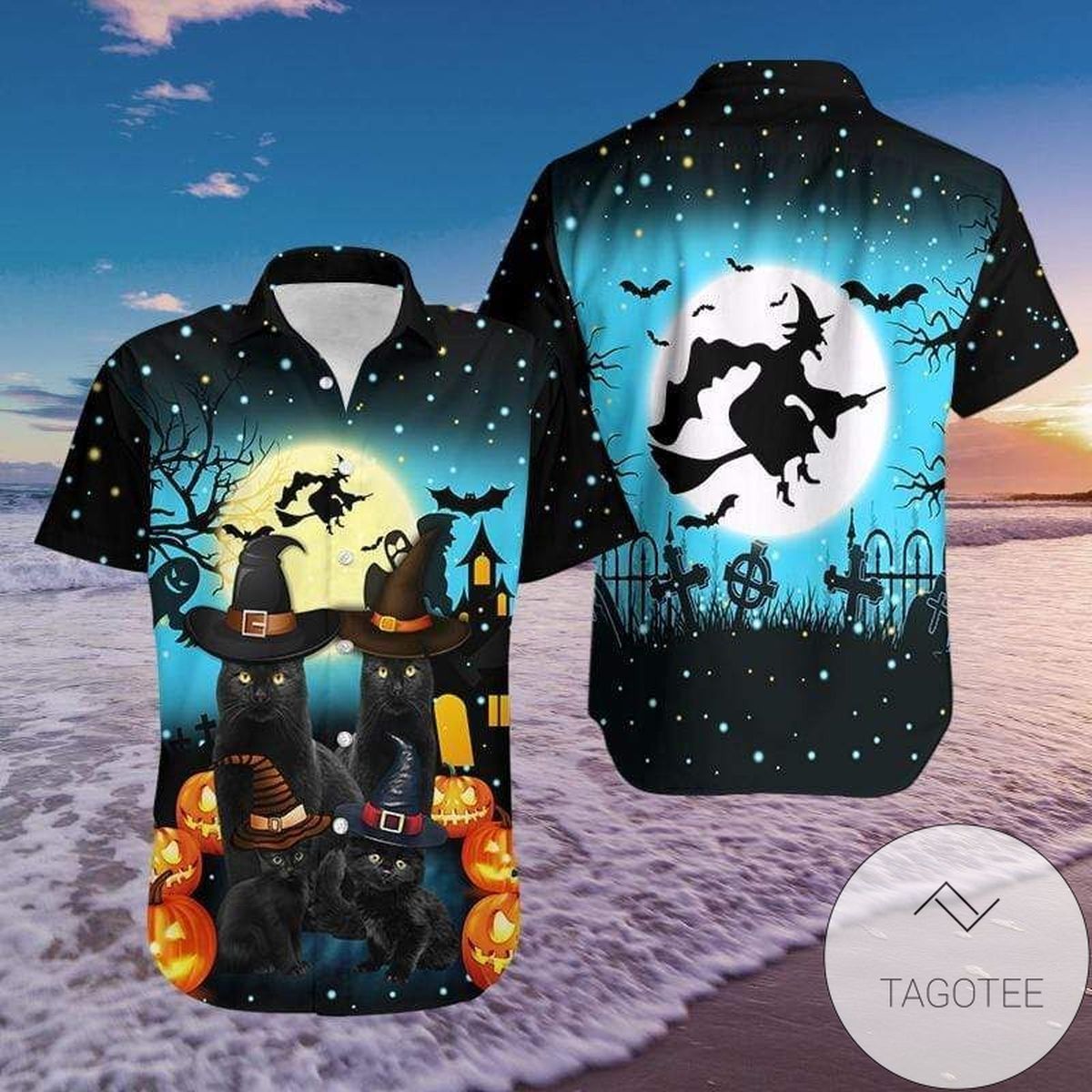 Halloween Celebrated With Mysterious Black Cat on Hawaiian Shirt