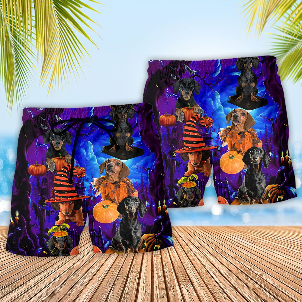 Halloween – Dachshund Never Mind The Witch Trendy Aloha Hawaiian Beach Shorts