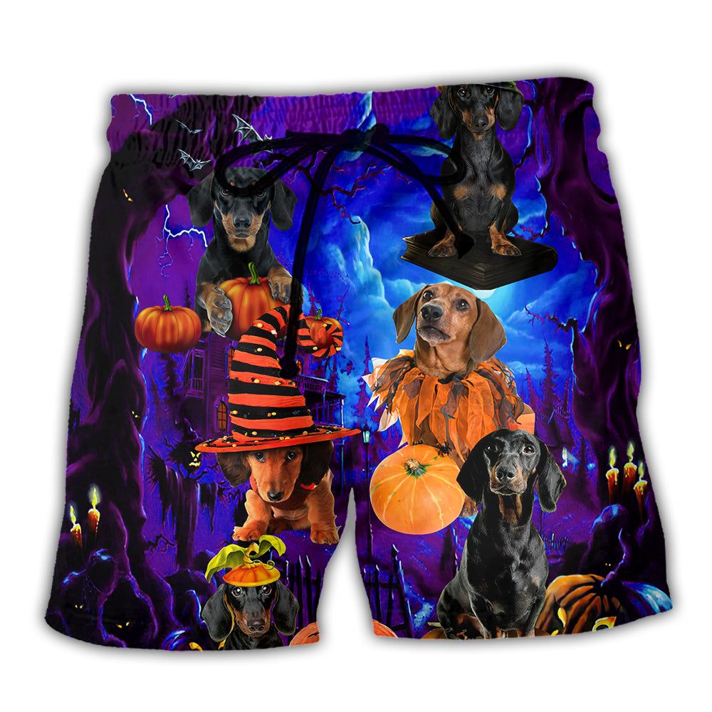 Halloween – Dachshund Never Mind The Witch Trendy Aloha Hawaiian Beach Shorts