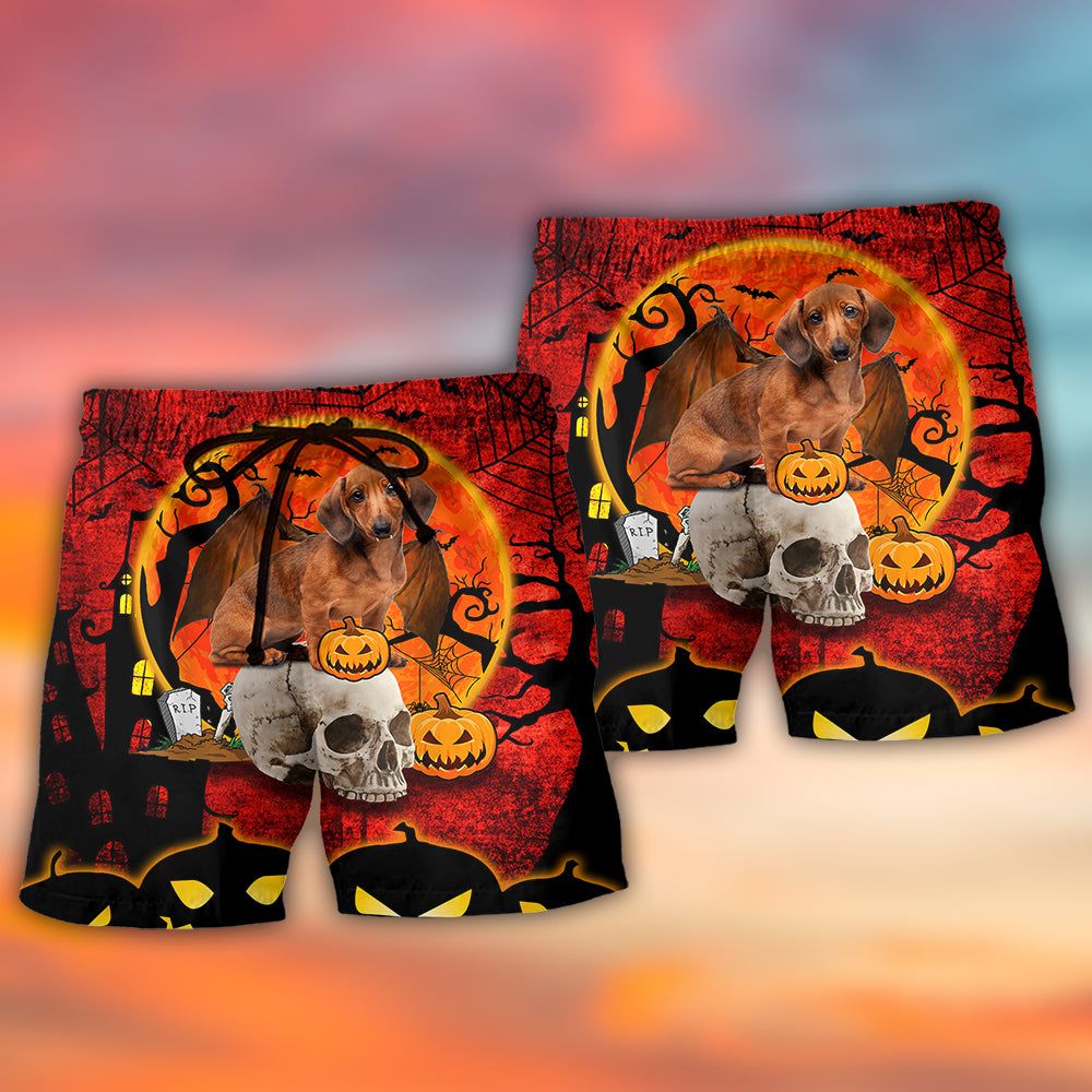 Halloween Dachshund Pumpkin Scary Trendy Aloha Hawaiian Beach Shorts