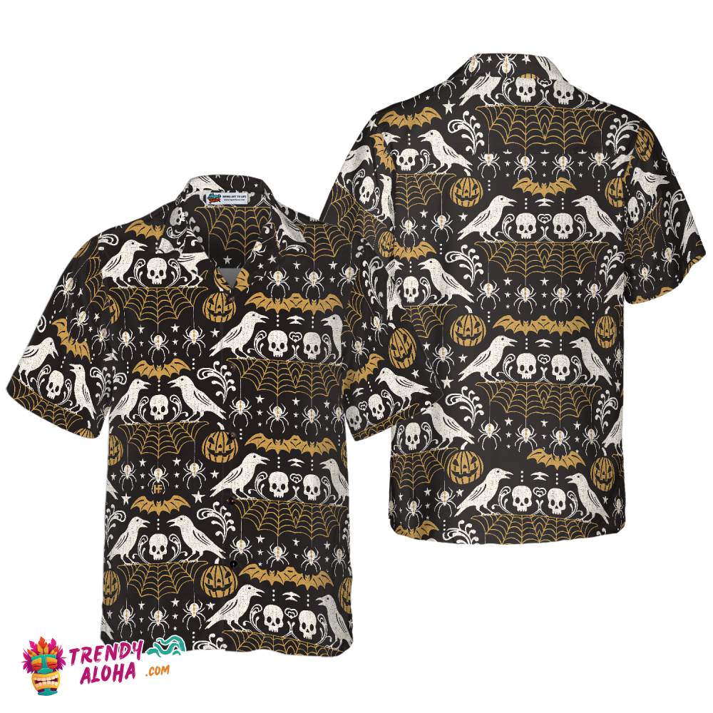 Halloween Eve Black Hawaiian Shirt For Men, Pumpkin Bat Crow Spider Web Skull Hawaiian Shirt