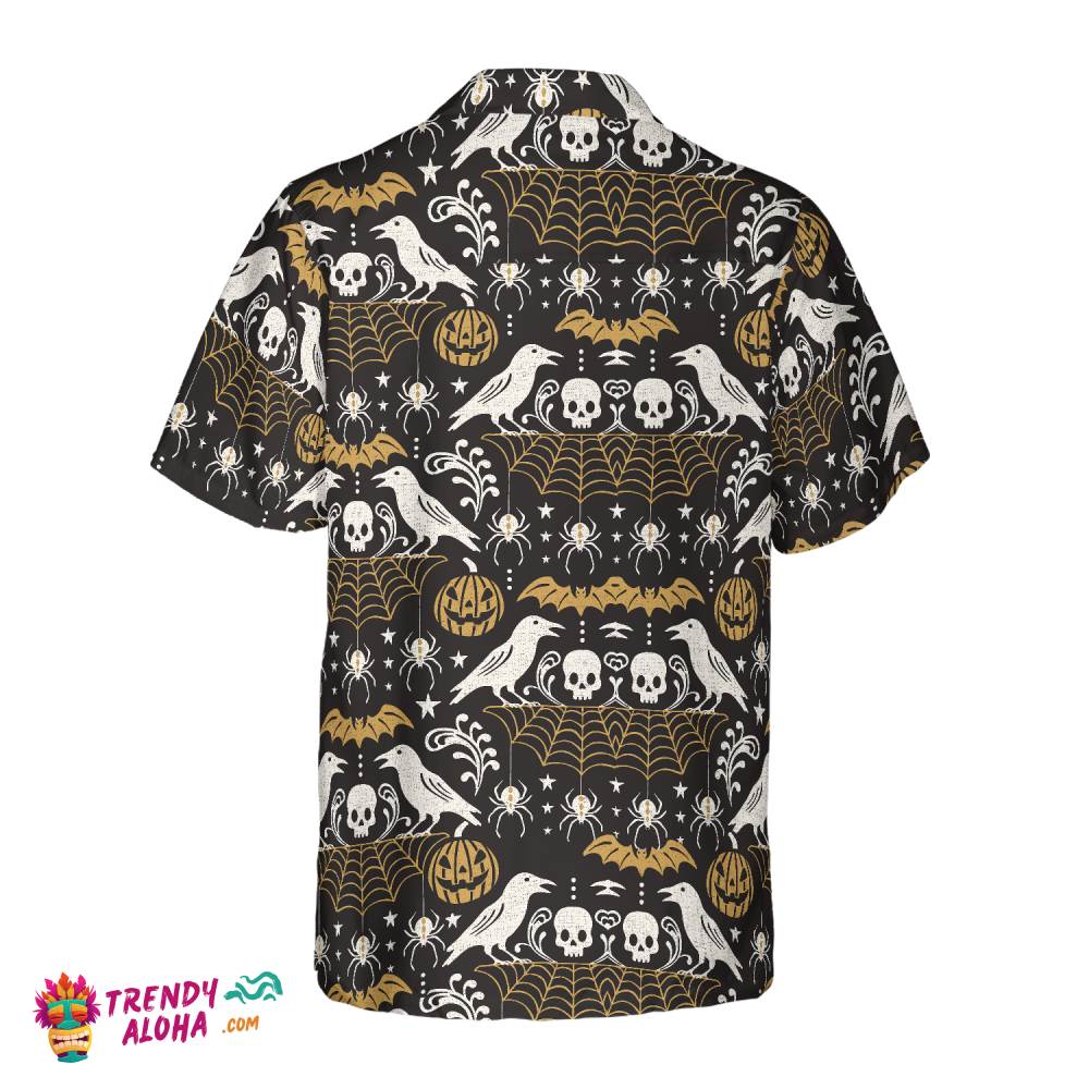 Halloween Eve Black Hawaiian Shirt For Men, Pumpkin Bat Crow Spider Web Skull Hawaiian Shirt
