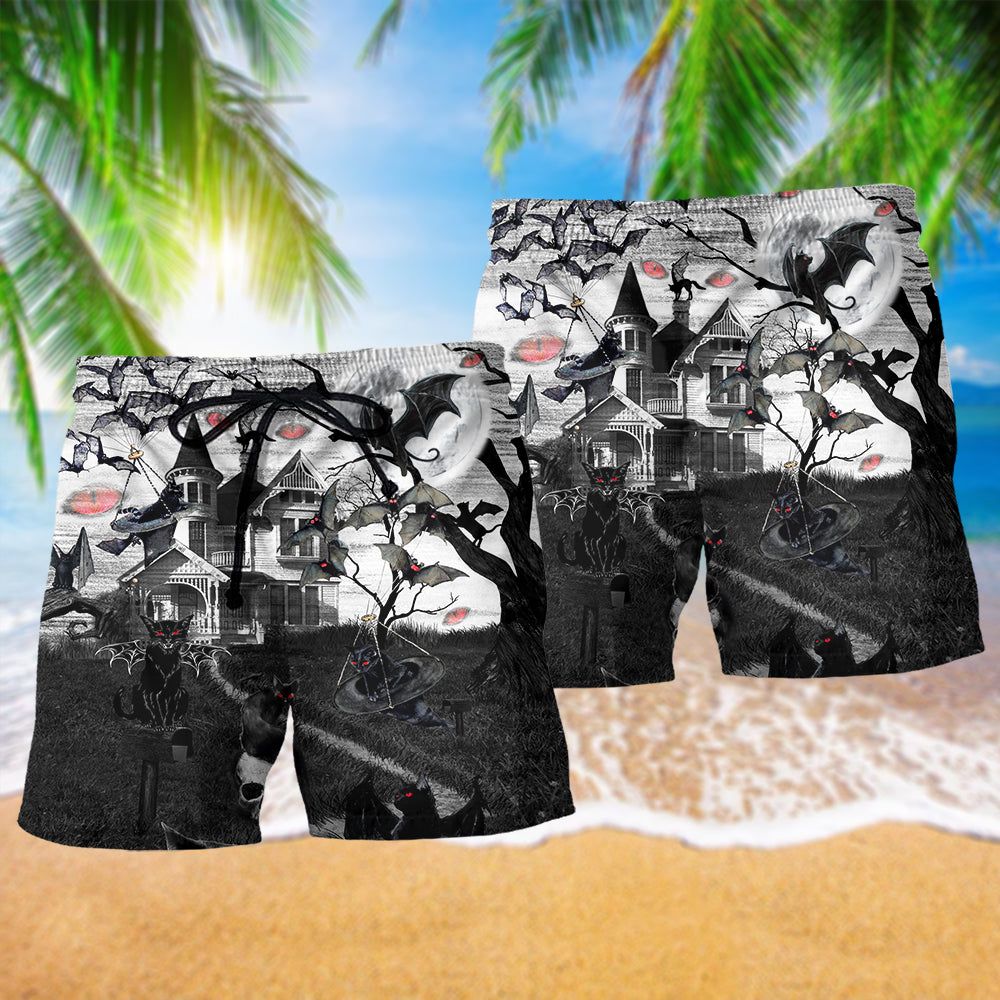 Halloween Flying Cats Trendy Aloha Hawaiian Beach Shorts
