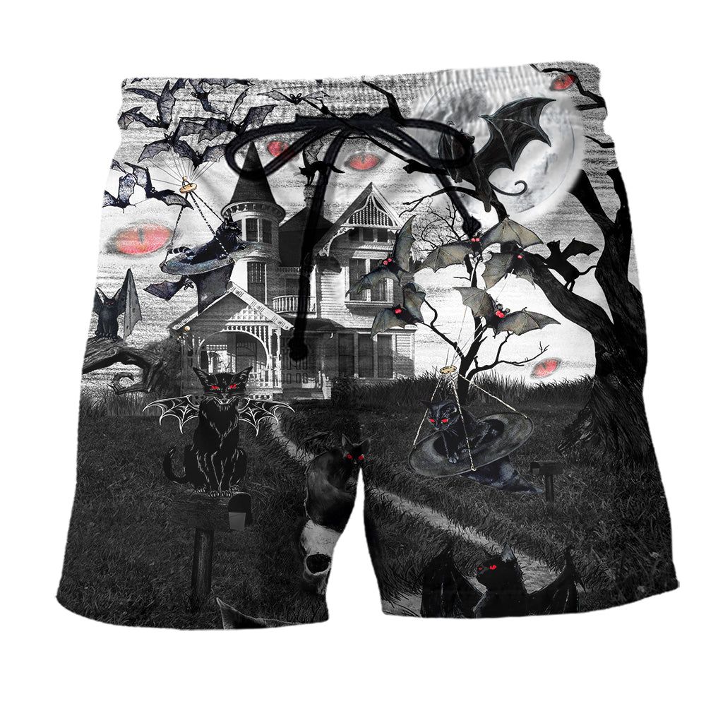 Halloween Flying Cats Trendy Aloha Hawaiian Beach Shorts