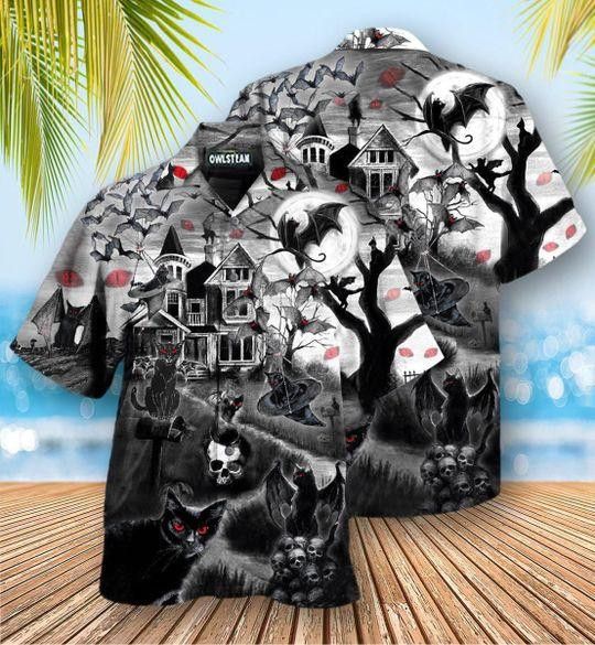 Halloween Flying Cats Trendy Hawaiian Shirt, Unisex Print Aloha Short Sleeve Casual Shirt