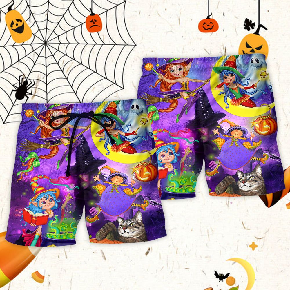 Halloween Funny Witch Ghost Cute Boo In The Magic Forest Art Style Trendy Aloha Hawaiian Beach Shorts