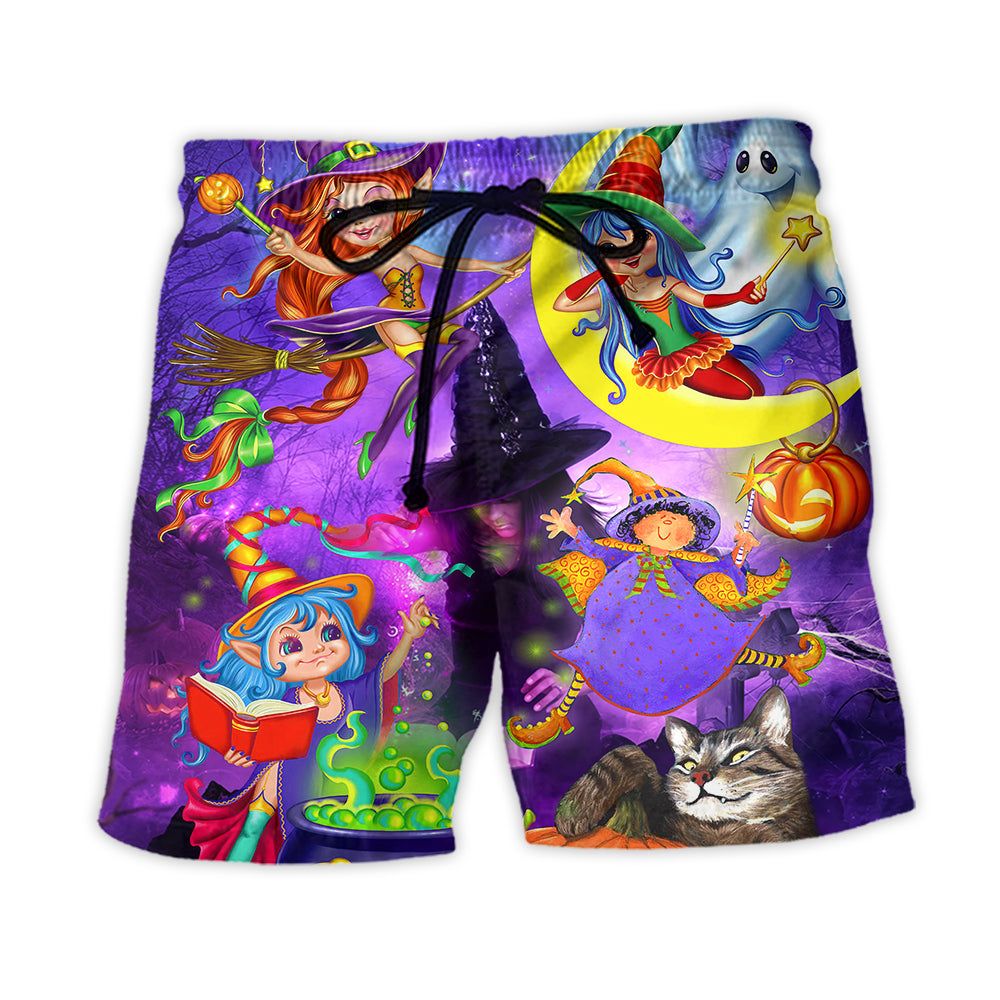 Halloween Funny Witch Ghost Cute Boo In The Magic Forest Art Style Trendy Aloha Hawaiian Beach Shorts