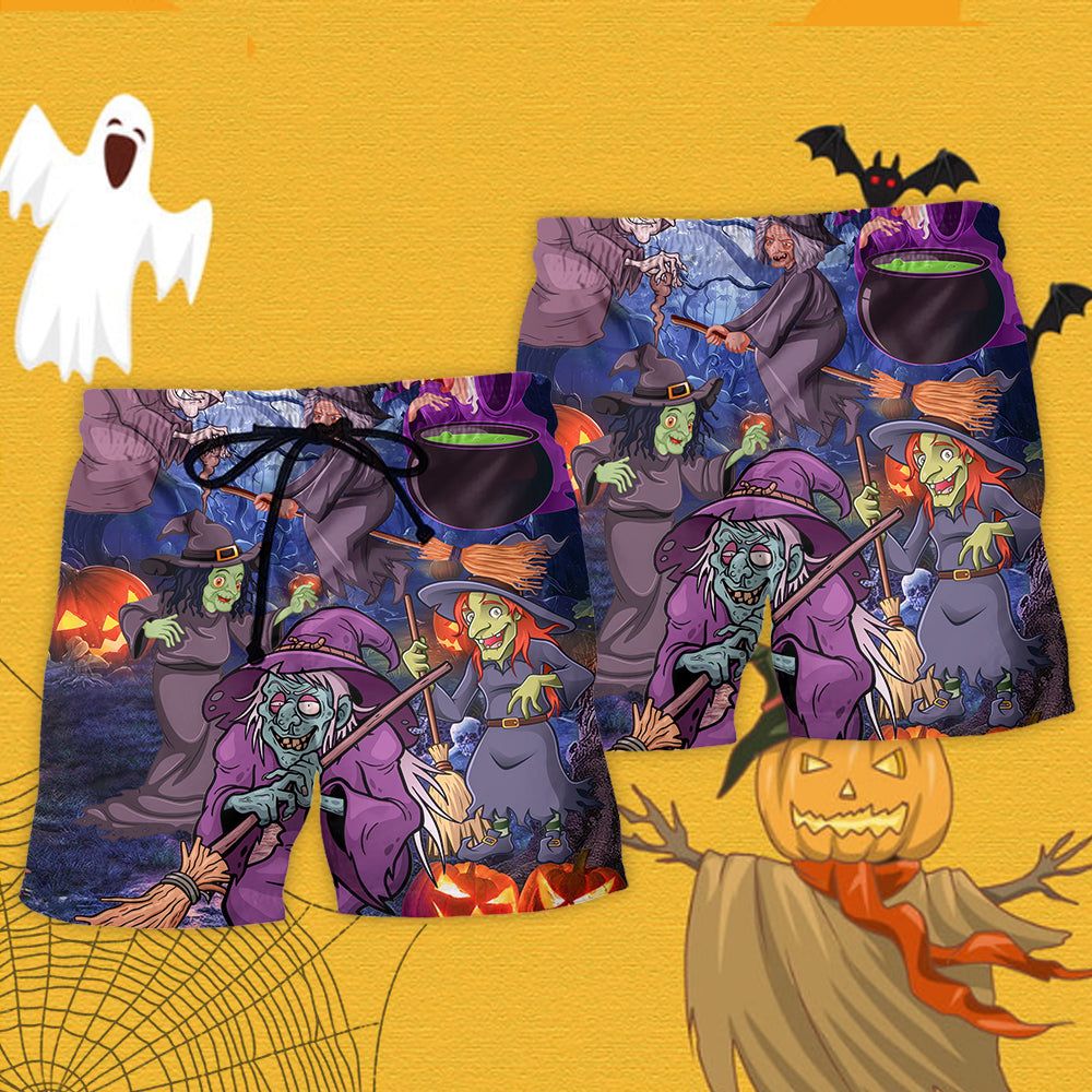 Halloween Funny Witch Pumpkin In The Magic Forest Trendy Aloha Hawaiian Beach Shorts