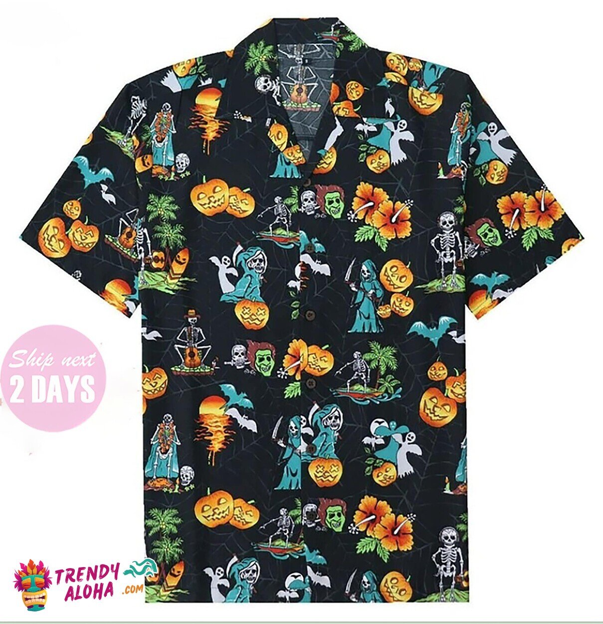Halloween Ghost & Pumpkin Tropical Movie Theme Aloha Summer Shirt