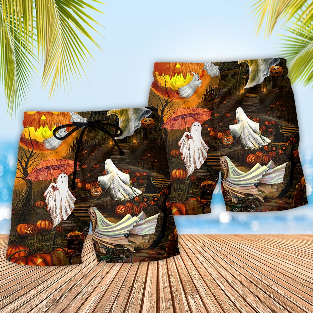 Halloween Ghost Cute With Moon Trendy Aloha Hawaiian Beach Shorts