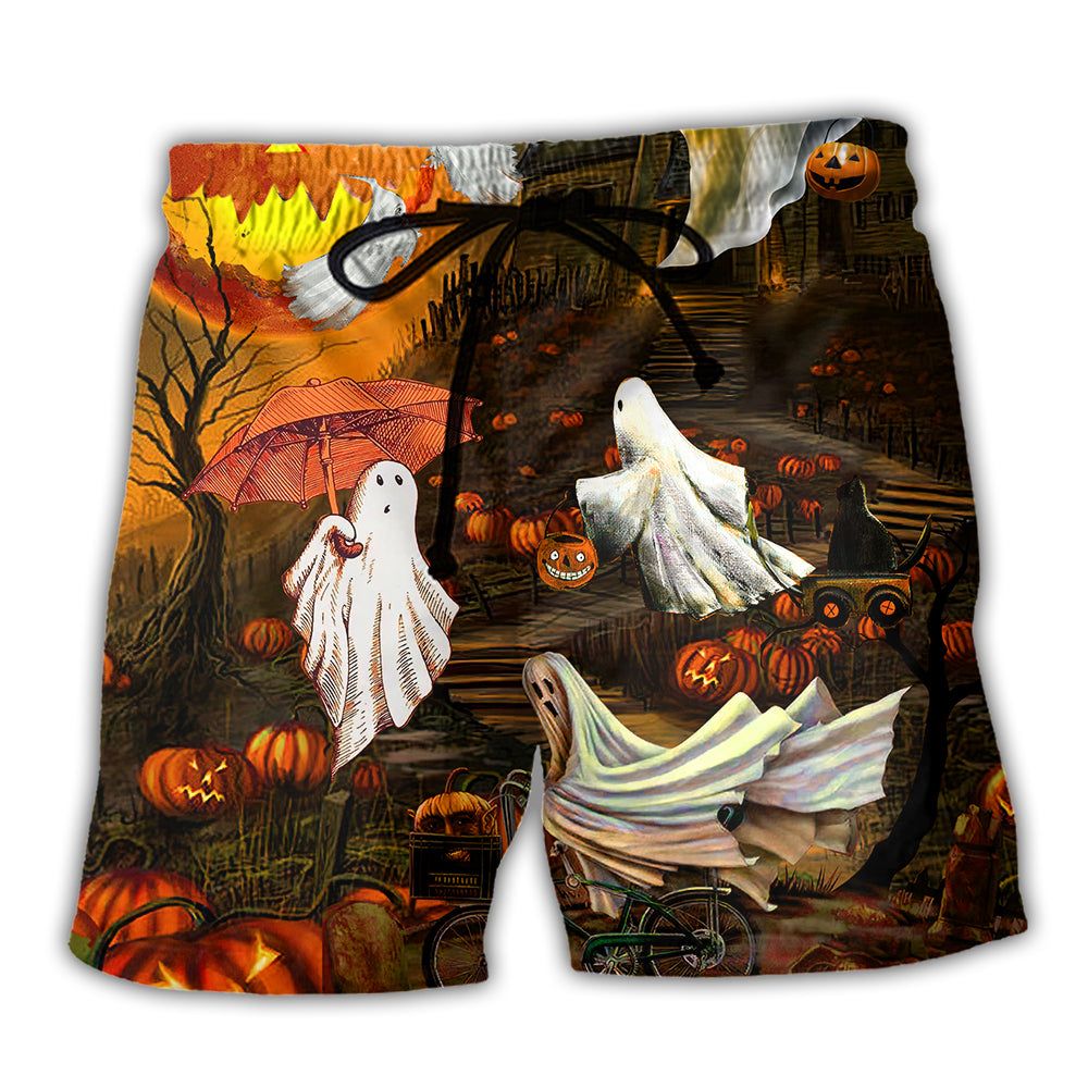 Halloween Ghost Cute With Moon Trendy Aloha Hawaiian Beach Shorts