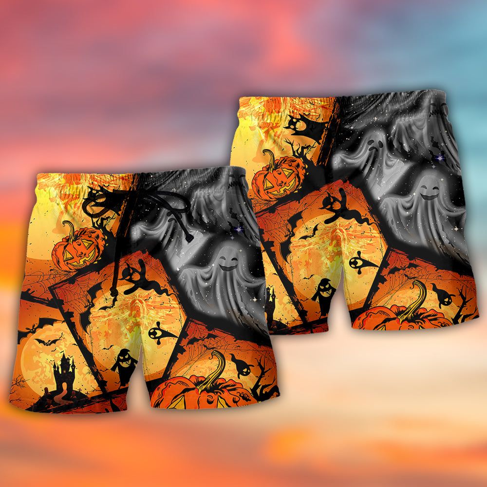 Halloween Ghost Pumpkin Scary Trendy Aloha Hawaiian Beach Shorts
