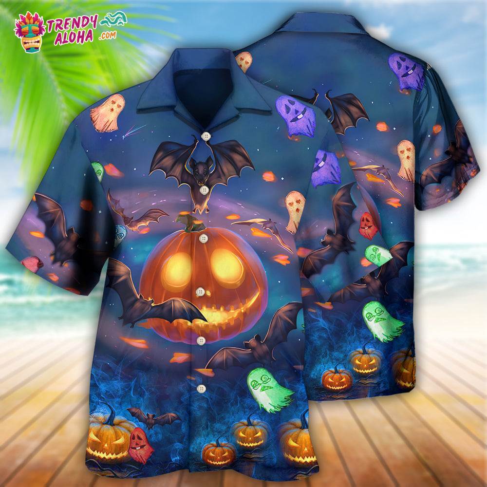 Halloween Glowing Pumpkins By Night With Bat Hawaiian Shirt – Trendy Aloha