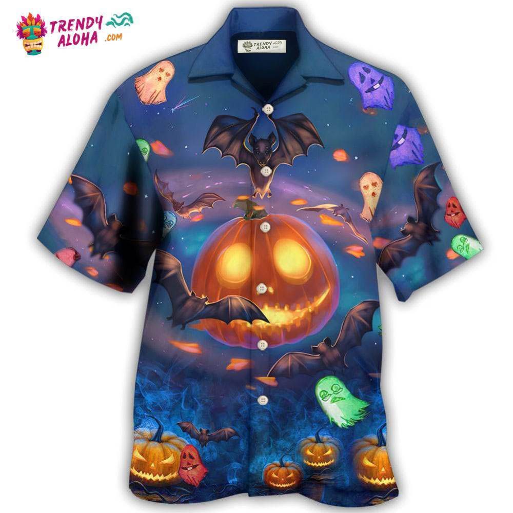 Halloween Glowing Pumpkins By Night With Bat Hawaiian Shirt – Trendy Aloha Halloween Glowing Pumpkins By Night With Bat Hawaiian Shirt – Trendy Aloha
