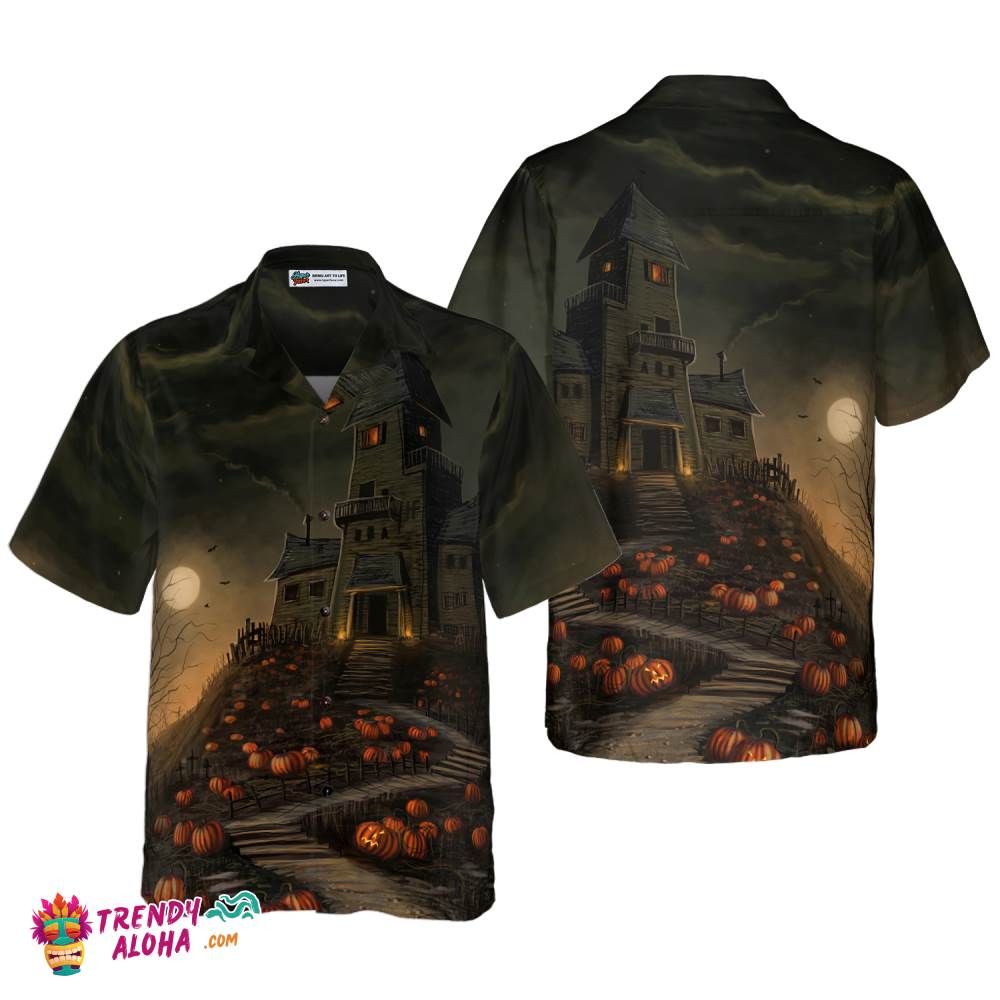Halloween Haunted House On The Hill With Pumpkin Hawaiian Shirt, Full Moon Haunted Jack-O’-Lantern Hawaiian Shirt For Men