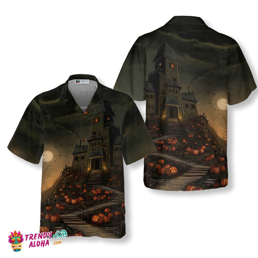 Halloween Haunted House On The Hill With Pumpkin Hawaiian Shirt, Full Moon Haunted Jack-O’-Lantern Hawaiian Shirt For Men