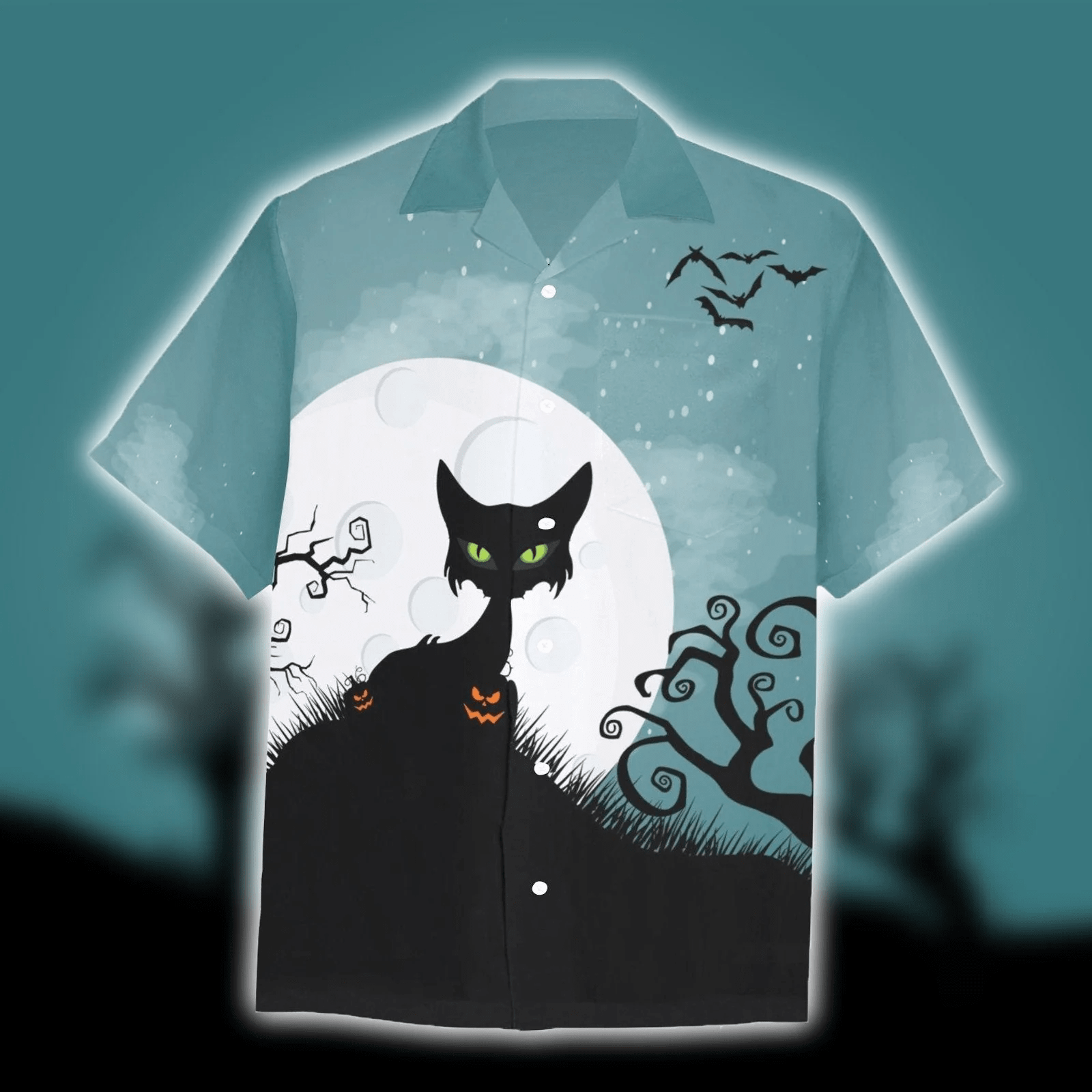 Halloween Horror Cat Trendy Hawaiian Shirt, Unisex Print Aloha Short Sleeve Casual Shirt