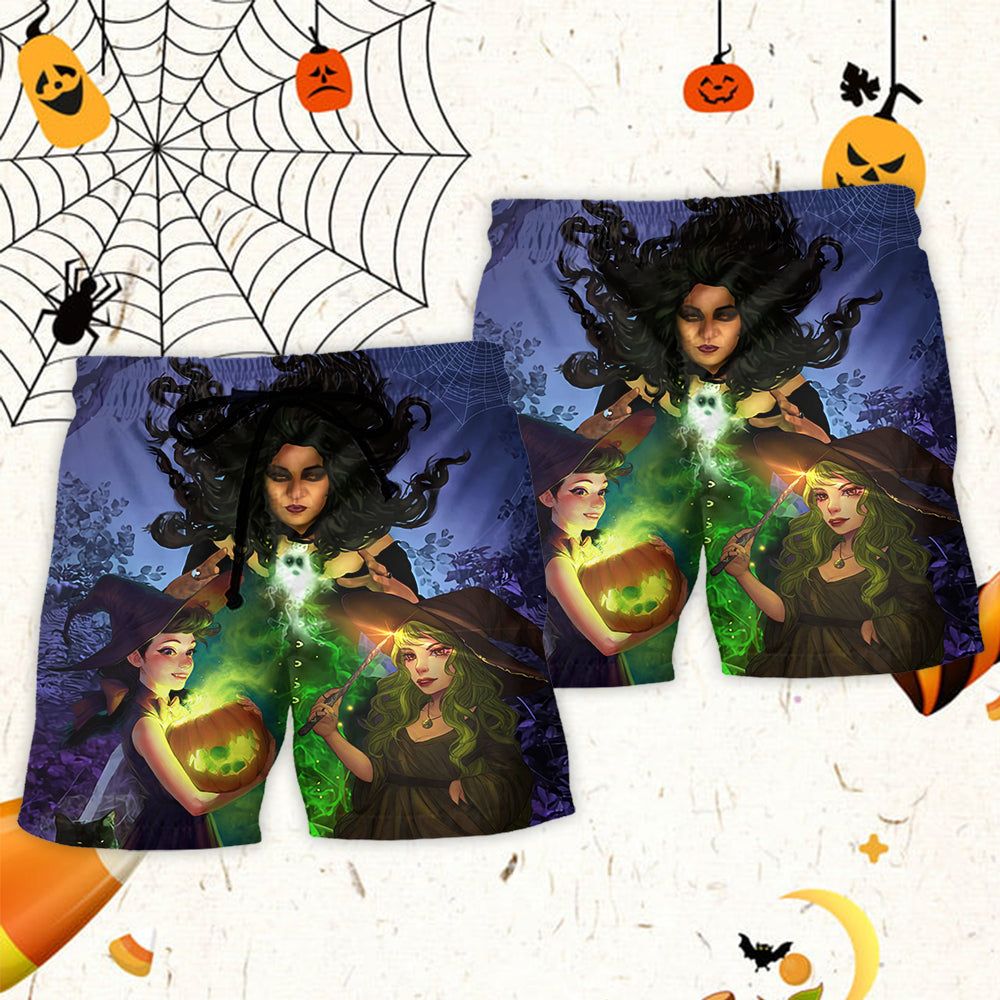 Halloween Magic Witch Ghost In The Dark Forest Art Style Trendy Aloha Hawaiian Beach Shorts