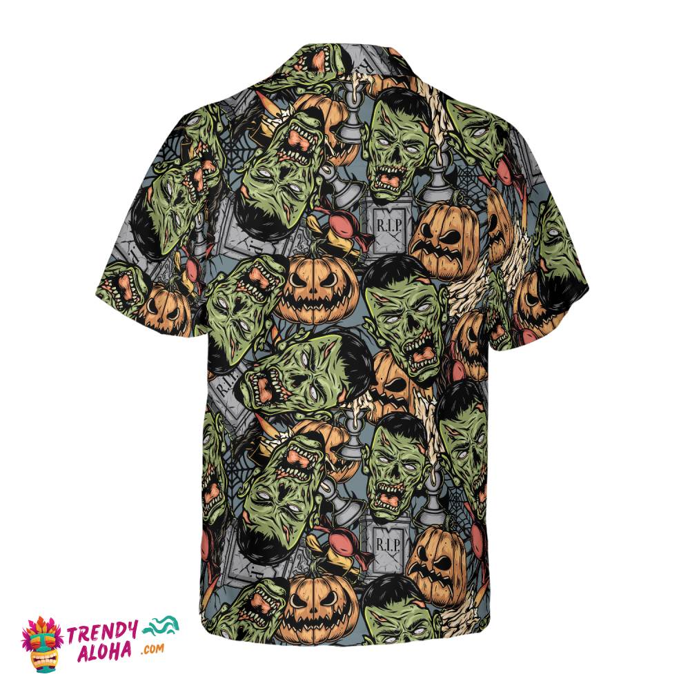 Halloween Monsters Hawaiian Shirt For Men, Rip Grave Board Frankenstein And Jack-O’-Lantern Pumpkin Hawaiian Shirt