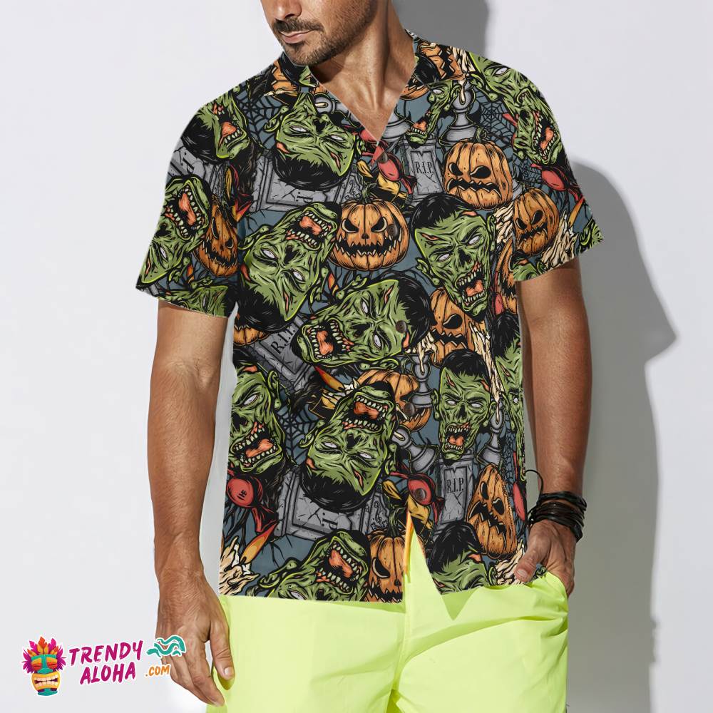 Halloween Monsters Hawaiian Shirt For Men, Rip Grave Board Frankenstein And Jack-O’-Lantern Pumpkin Hawaiian Shirt