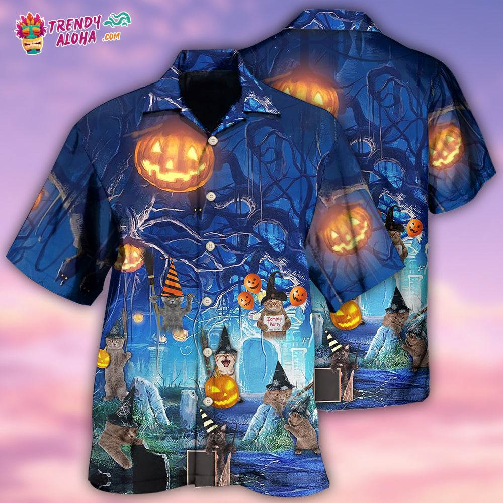 Halloween Night Cat Blue Hawaiian Shirt – Trendy Aloha