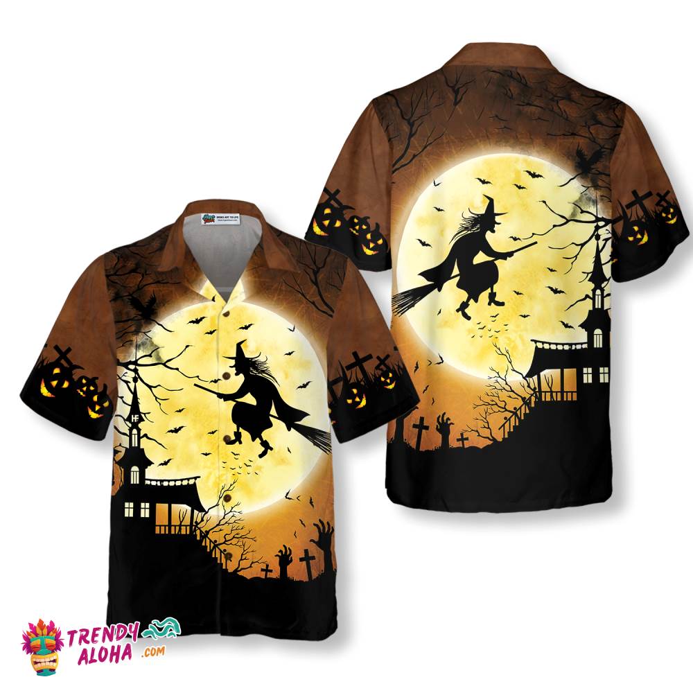 Halloween Night Flying Witch Over A Castle Hawaiian Shirt, Full Moon Pumpkin Graveyard Zombie Hawaiian Shirt For Men