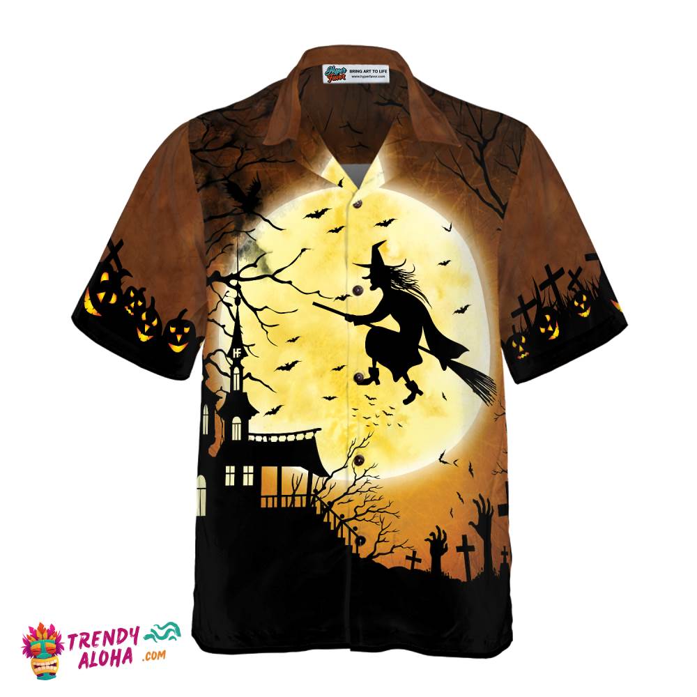 Halloween Night Flying Witch Over A Castle Hawaiian Shirt, Full Moon Pumpkin Graveyard Zombie Hawaiian Shirt For Men