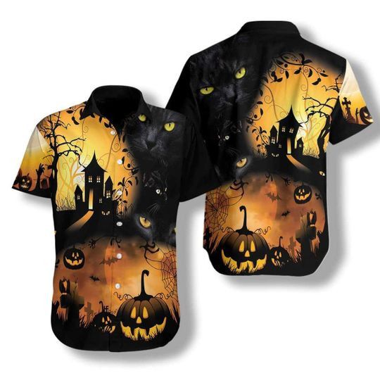 Halloween Night With Black Cat Trendy Hawaiian Shirt, Unisex Print Aloha Short Sleeve Casual Shirt Halloween Night With Black Cat Trendy Hawaiian Shirt, Unisex Print Aloha Short Sleeve Casual Shirt